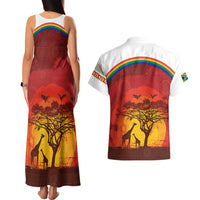 African Sunset Heritage Couples Matching Tank Maxi Dress and Hawaiian Shirt Tribal Pattern with Continent Silhouette, Rainbow Arc & Safari Scene