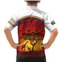 African Sunset Heritage Family Matching Mermaid Dress and Hawaiian Shirt Tribal Pattern with Continent Silhouette, Rainbow Arc & Safari Scene