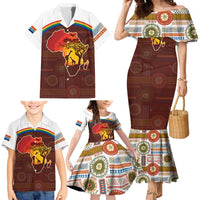 African Sunset Heritage Family Matching Mermaid Dress and Hawaiian Shirt Tribal Pattern with Continent Silhouette, Rainbow Arc & Safari Scene