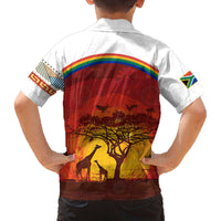 African Sunset Heritage Family Matching Off The Shoulder Long Sleeve Dress and Hawaiian Shirt Tribal Pattern with Continent Silhouette, Rainbow Arc & Safari Scene