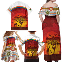 African Sunset Heritage Family Matching Off Shoulder Maxi Dress and Hawaiian Shirt Tribal Pattern with Continent Silhouette, Rainbow Arc & Safari Scene