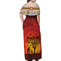 African Sunset Heritage Family Matching Off Shoulder Maxi Dress and Hawaiian Shirt Tribal Pattern with Continent Silhouette, Rainbow Arc & Safari Scene