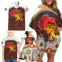 African Sunset Heritage Family Matching Off Shoulder Short Dress and Hawaiian Shirt Tribal Pattern with Continent Silhouette, Rainbow Arc & Safari Scene