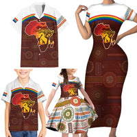 African Sunset Heritage Family Matching Short Sleeve Bodycon Dress and Hawaiian Shirt Tribal Pattern with Continent Silhouette, Rainbow Arc & Safari Scene