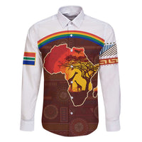 African Sunset Heritage Family Matching Short Sleeve Bodycon Dress and Hawaiian Shirt Tribal Pattern with Continent Silhouette, Rainbow Arc & Safari Scene