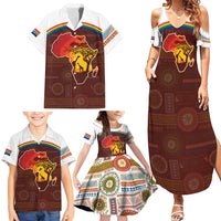 African Sunset Heritage Family Matching Summer Maxi Dress and Hawaiian Shirt Tribal Pattern with Continent Silhouette, Rainbow Arc & Safari Scene
