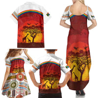 African Sunset Heritage Family Matching Summer Maxi Dress and Hawaiian Shirt Tribal Pattern with Continent Silhouette, Rainbow Arc & Safari Scene
