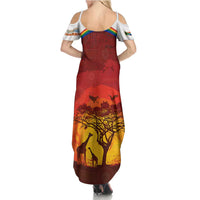 African Sunset Heritage Family Matching Summer Maxi Dress and Hawaiian Shirt Tribal Pattern with Continent Silhouette, Rainbow Arc & Safari Scene