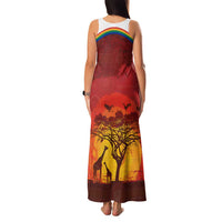 African Sunset Heritage Family Matching Tank Maxi Dress and Hawaiian Shirt Tribal Pattern with Continent Silhouette, Rainbow Arc & Safari Scene