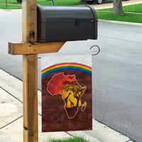 African Sunset Heritage Garden Flag Tribal Pattern with Continent Silhouette, Rainbow Arc & Safari Scene