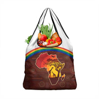 African Sunset Heritage Grocery Bag Tribal Pattern with Continent Silhouette, Rainbow Arc & Safari Scene