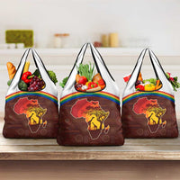 African Sunset Heritage Grocery Bag Tribal Pattern with Continent Silhouette, Rainbow Arc & Safari Scene