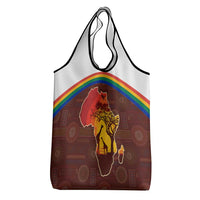 African Sunset Heritage Grocery Bag Tribal Pattern with Continent Silhouette, Rainbow Arc & Safari Scene