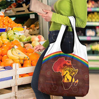 African Sunset Heritage Grocery Bag Tribal Pattern with Continent Silhouette, Rainbow Arc & Safari Scene