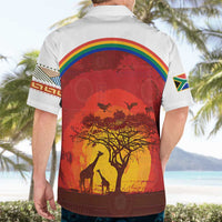 African Sunset Heritage Hawaiian Shirt Tribal Pattern with Continent Silhouette, Rainbow Arc & Safari Scene