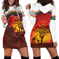 African Sunset Heritage Hoodie Dress Tribal Pattern with Continent Silhouette, Rainbow Arc & Safari Scene