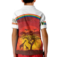 African Sunset Heritage Kid Polo Shirt Tribal Pattern with Continent Silhouette, Rainbow Arc & Safari Scene