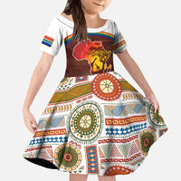 African Sunset Heritage Kid Short Sleeve Dress Tribal Pattern with Continent Silhouette, Rainbow Arc & Safari Scene