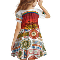 African Sunset Heritage Kid Short Sleeve Dress Tribal Pattern with Continent Silhouette, Rainbow Arc & Safari Scene