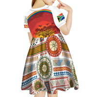 African Sunset Heritage Kid Short Sleeve Dress Tribal Pattern with Continent Silhouette, Rainbow Arc & Safari Scene