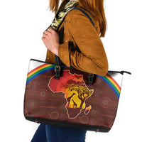 African Sunset Heritage Leather Tote Bag Tribal Pattern with Continent Silhouette, Rainbow Arc & Safari Scene