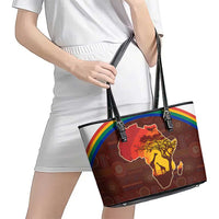 African Sunset Heritage Leather Tote Bag Tribal Pattern with Continent Silhouette, Rainbow Arc & Safari Scene