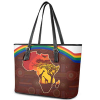 African Sunset Heritage Leather Tote Bag Tribal Pattern with Continent Silhouette, Rainbow Arc & Safari Scene