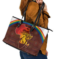 African Sunset Heritage Leather Tote Bag Tribal Pattern with Continent Silhouette, Rainbow Arc & Safari Scene