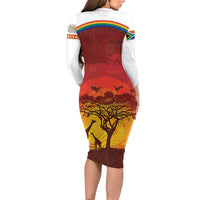 African Sunset Heritage Long Sleeve Bodycon Dress Tribal Pattern with Continent Silhouette, Rainbow Arc & Safari Scene