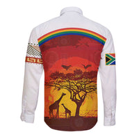 African Sunset Heritage Long Sleeve Button Shirt Tribal Pattern with Continent Silhouette, Rainbow Arc & Safari Scene