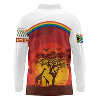 African Sunset Heritage Long Sleeve Polo Shirt Tribal Pattern with Continent Silhouette, Rainbow Arc & Safari Scene