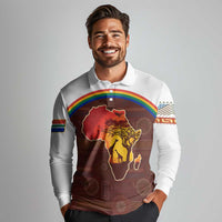 African Sunset Heritage Long Sleeve Polo Shirt Tribal Pattern with Continent Silhouette, Rainbow Arc & Safari Scene