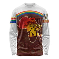 African Sunset Heritage Long Sleeve Shirt Tribal Pattern with Continent Silhouette, Rainbow Arc & Safari Scene