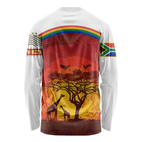 African Sunset Heritage Long Sleeve Shirt Tribal Pattern with Continent Silhouette, Rainbow Arc & Safari Scene