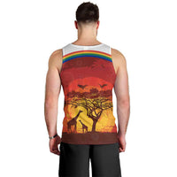 African Sunset Heritage Men Tank Top Tribal Pattern with Continent Silhouette, Rainbow Arc & Safari Scene