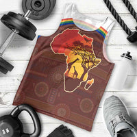 African Sunset Heritage Men Tank Top Tribal Pattern with Continent Silhouette, Rainbow Arc & Safari Scene