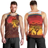 African Sunset Heritage Men Tank Top Tribal Pattern with Continent Silhouette, Rainbow Arc & Safari Scene