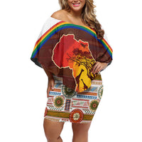 African Sunset Heritage Off Shoulder Short Dress Tribal Pattern with Continent Silhouette, Rainbow Arc & Safari Scene
