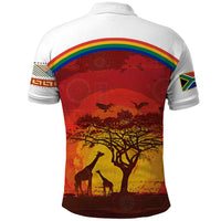 African Sunset Heritage Polo Shirt Tribal Pattern with Continent Silhouette, Rainbow Arc & Safari Scene