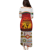 African Sunset Heritage Puletasi Tribal Pattern with Continent Silhouette, Rainbow Arc & Safari Scene