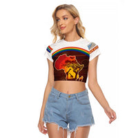 African Sunset Heritage Raglan Cropped T Shirt Tribal Pattern with Continent Silhouette, Rainbow Arc & Safari Scene
