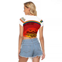 African Sunset Heritage Raglan Cropped T Shirt Tribal Pattern with Continent Silhouette, Rainbow Arc & Safari Scene