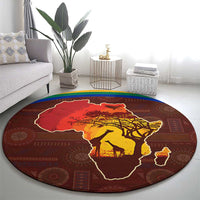 African Sunset Heritage Round Carpet Tribal Pattern with Continent Silhouette, Rainbow Arc & Safari Scene