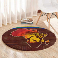 African Sunset Heritage Round Carpet Tribal Pattern with Continent Silhouette, Rainbow Arc & Safari Scene