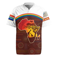 African Sunset Heritage Rugby Jersey Tribal Pattern with Continent Silhouette, Rainbow Arc & Safari Scene