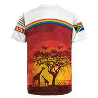 African Sunset Heritage Rugby Jersey Tribal Pattern with Continent Silhouette, Rainbow Arc & Safari Scene
