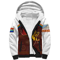 African Sunset Heritage Sherpa Hoodie Tribal Pattern with Continent Silhouette, Rainbow Arc & Safari Scene