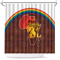 African Sunset Heritage Shower Curtain Tribal Pattern with Continent Silhouette, Rainbow Arc & Safari Scene