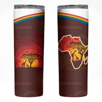 African Sunset Heritage Skinny Tumbler Tribal Pattern with Continent Silhouette, Rainbow Arc & Safari Scene