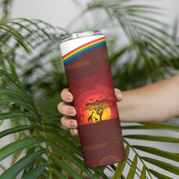 African Sunset Heritage Skinny Tumbler Tribal Pattern with Continent Silhouette, Rainbow Arc & Safari Scene